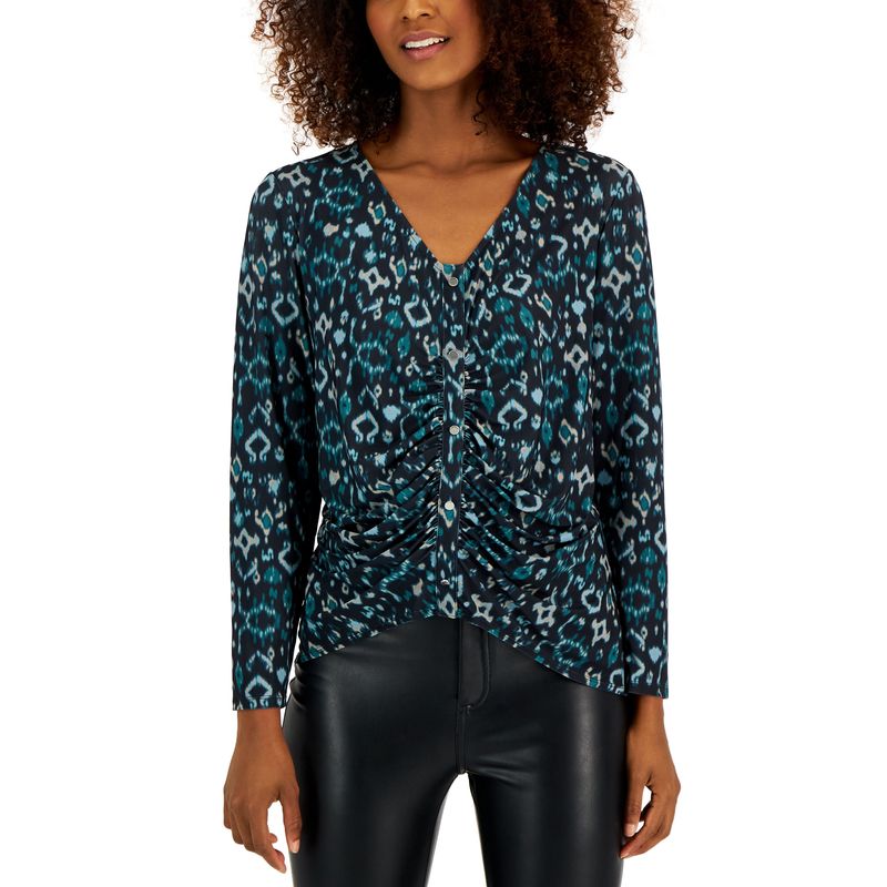 Inc International Concepts Petite Printed V Neck Ruched Placket Top